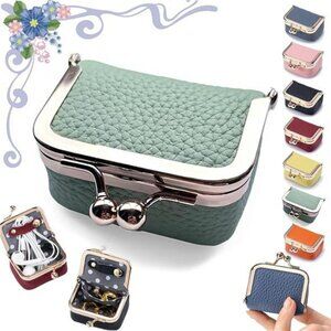 Green Leather Mini Travel Jewelry Box Ring Earring Necklace Organizer Case